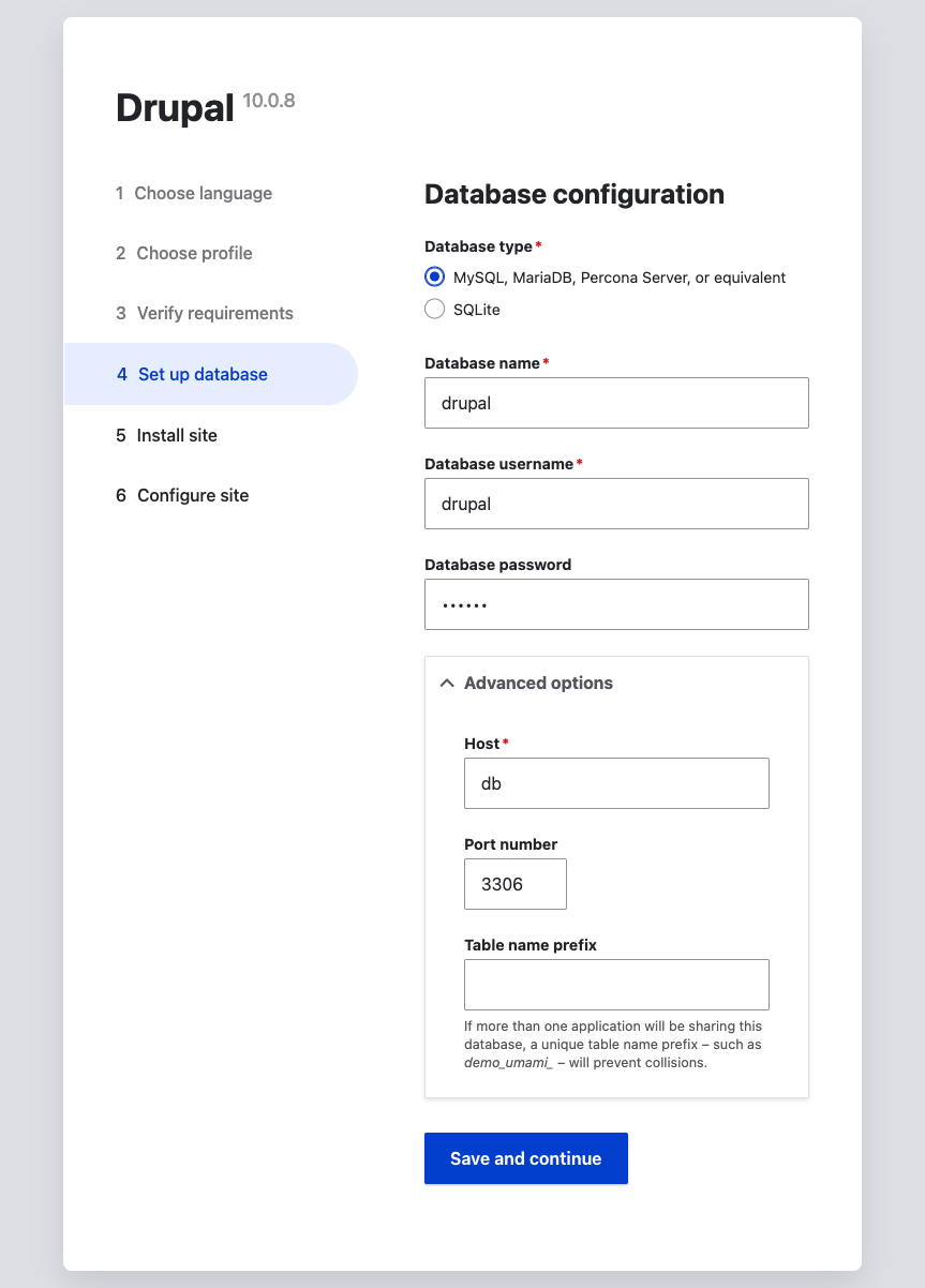 Screenshot of Database Configuration page as described above